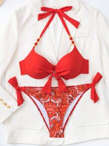 SHEIN Swim Bañador bikini push up con estampado de dibujo con nudo delantero halter - Rojo - Ver 5