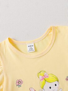 嬰兒卡通圖案泡泡袖T恤和褶邊短褲 - 彩色 - 查看 6