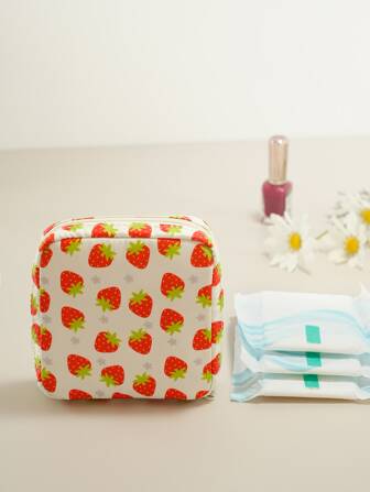 Erdbeerdruck Aufbewahrungstasche Für Damenbinden, Freizeit Reißverschluss Polyestertasche Für Die Erste Menstruation, Sanitärpads, Studentenwohnheim Essenzen, Frauen Geschenke, Mädchen Geschenke, Freundin Geschenke, Reiseausrüstung