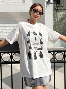 DAZY 兔子和字母圖案落肩T恤 - 白色 - 查看 2