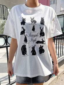 DAZY 兔子和字母圖案落肩T恤 - 白色 - 查看 3