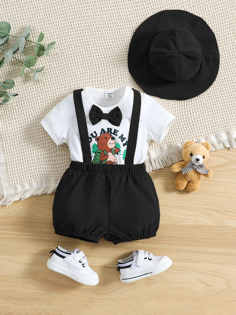 Đứa bé trai Đồ họa chữ cái & Gấu Nơ mặt trước Áo thun & Quần yếm - Đen và trắng - Xem 1