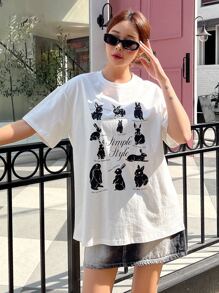 DAZY 兔子和字母圖案落肩T恤 - 白色 - 查看 5