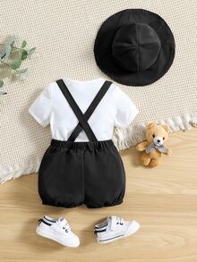 Đứa bé trai Đồ họa chữ cái & Gấu Nơ mặt trước Áo thun & Quần yếm - Đen và trắng - Xem 2