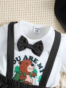 Đứa bé trai Đồ họa chữ cái & Gấu Nơ mặt trước Áo thun & Quần yếm - Đen và trắng - Xem 3
