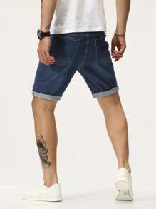 Manfinity LEGND Hombres Shorts mezclilla bermuda algodón desgarro crudo - Azul lavado medio - Ver 2