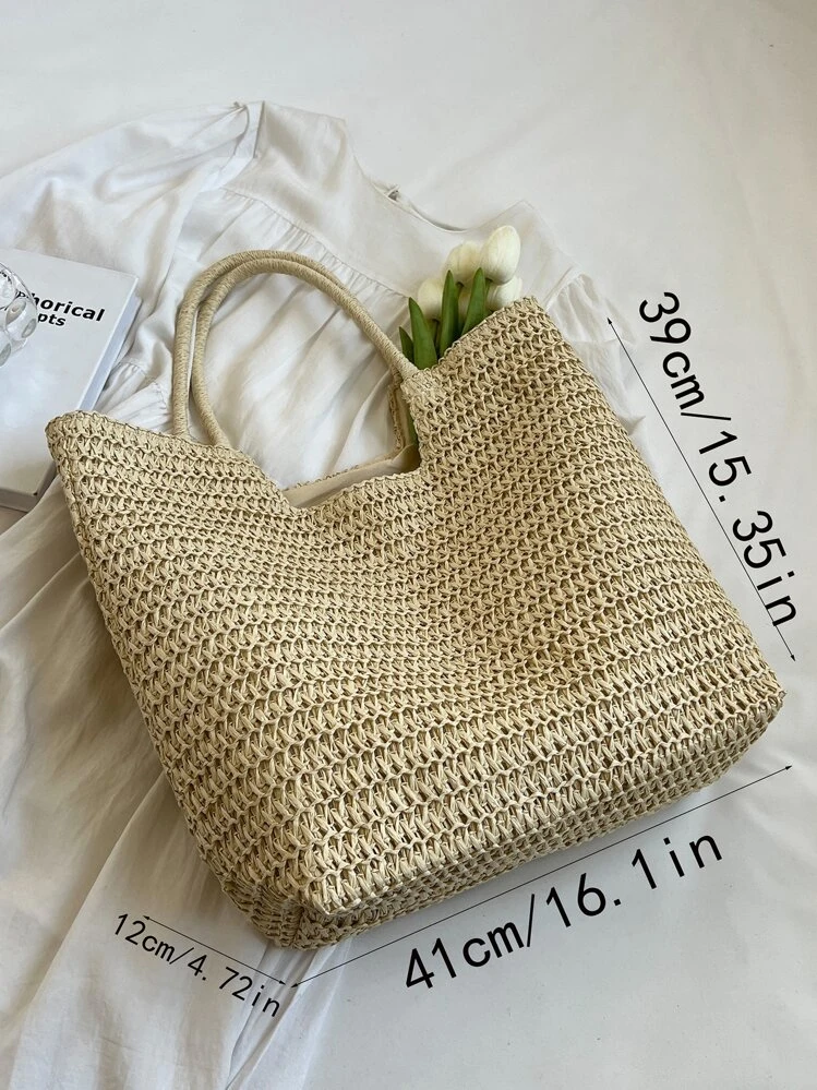 Sac en paille oversize vacances à double poignée - Blanc - Voir 7