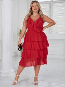 Eilly Bazar Plus Ruffle Trim Layer Hem Cami Dress - Red - View 1
