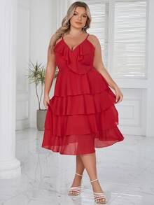 Eilly Bazar Plus Ruffle Trim Layer Hem Cami Dress - Red - View 3