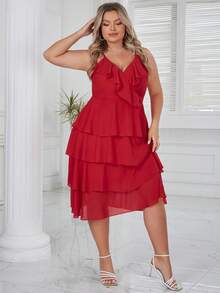 Eilly Bazar Plus Ruffle Trim Layer Hem Cami Dress - Red - View 5