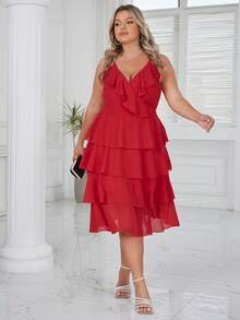 Eilly Bazar Plus Ruffle Trim Layer Hem Cami Dress - Red - View 6