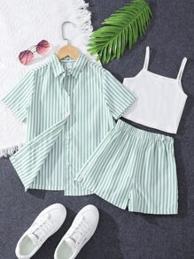 SHEIN Girls Striped Print Shirt & Shorts & Cami Top - Green - View 1