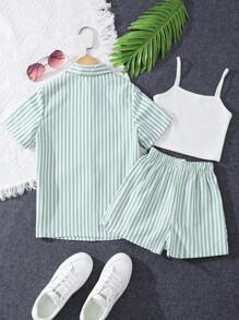 SHEIN Girls Striped Print Shirt & Shorts & Cami Top - Green - View 2