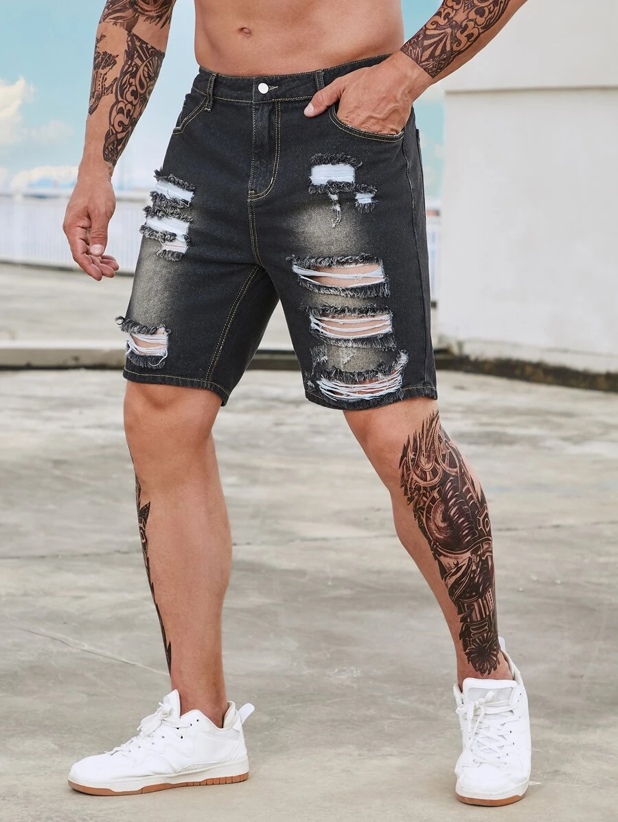 Manfinity Men Plus Ripped Frayed Denim Shorts - Black - View 1