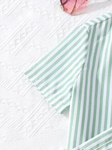 SHEIN Girls Striped Print Shirt & Shorts & Cami Top - Green - View 4