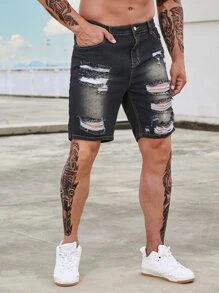 Manfinity Men Plus Ripped Frayed Denim Shorts - Black - View 3