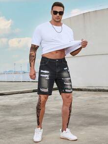 Manfinity Men Plus Ripped Frayed Denim Shorts - Black - View 5