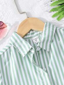 SHEIN Girls Striped Print Shirt & Shorts & Cami Top - Green - View 7