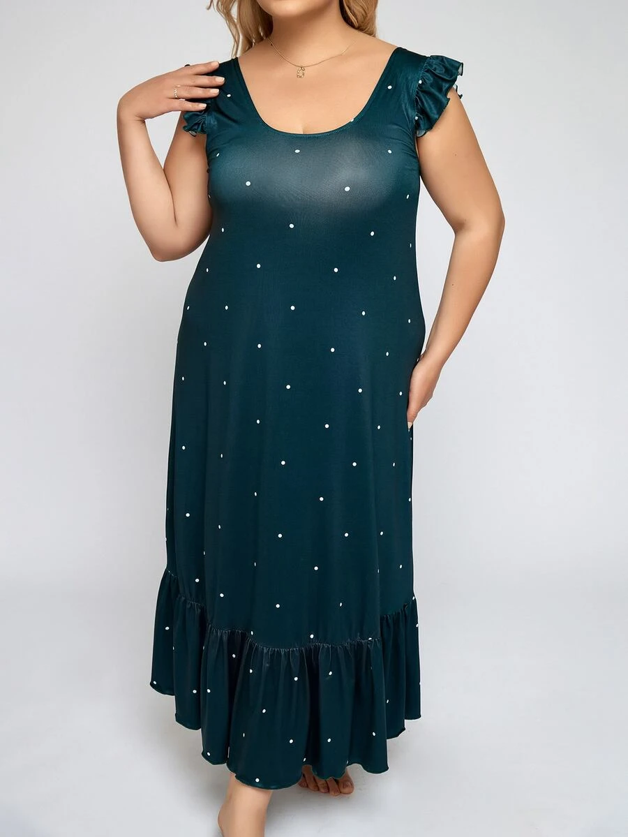 Vestido de dormir de lunares bajo con fruncido - Verde Oscuro - Ver 1