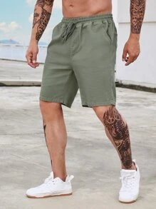 Manfinity Hombres Shorts en mezclilla de cintura con cordón con bolsillo oblicuo - Verde militar - Ver 1