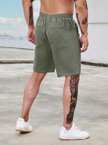 Manfinity Hombres Shorts en mezclilla de cintura con cordón con bolsillo oblicuo - Verde militar - Ver 2