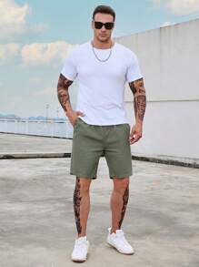 Manfinity Hombres Shorts en mezclilla de cintura con cordón con bolsillo oblicuo - Verde militar - Ver 3