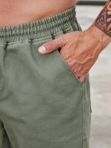 Manfinity Hombres Shorts en mezclilla de cintura con cordón con bolsillo oblicuo - Verde militar - Ver 5
