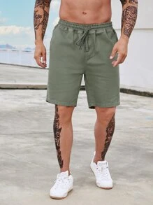 Manfinity Hombres Shorts en mezclilla de cintura con cordón con bolsillo oblicuo - Verde militar - Ver 6
