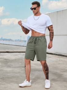 Manfinity Hombres Shorts en mezclilla de cintura con cordón con bolsillo oblicuo - Verde militar - Ver 7