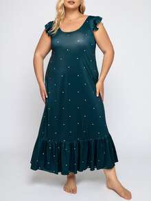 Vestido de dormir de lunares bajo con fruncido - Verde Oscuro - Ver 5