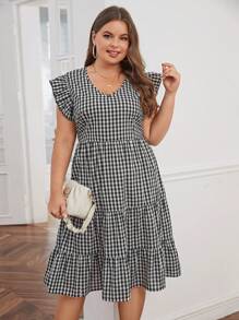 SHEIN Unity 大碼格子圖案荷葉邊連衣裙 - 黑與白 - 查看 3