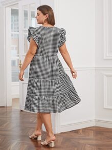 SHEIN Unity 大碼格子圖案荷葉邊連衣裙 - 黑與白 - 查看 2