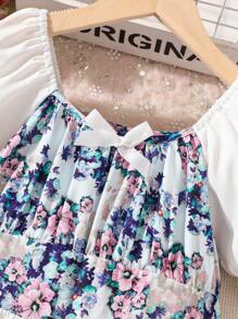 SHEIN 女孩印花泡泡袖前蝴蝶結洋裝 - 彩色 - 查看 4