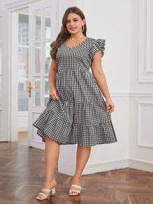 SHEIN Unity 大碼格子圖案荷葉邊連衣裙 - 黑與白 - 查看 4