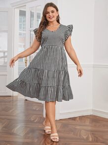 SHEIN Unity 大碼格子圖案荷葉邊連衣裙 - 黑與白 - 查看 1