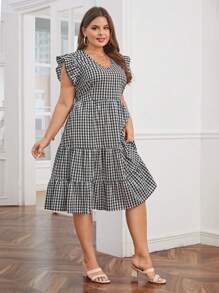 SHEIN Unity 大碼格子圖案荷葉邊連衣裙 - 黑與白 - 查看 5