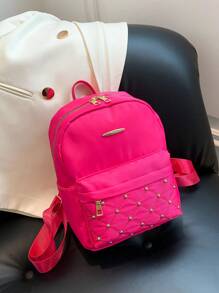 Medium Fashion Backpack Neon Pink Metal & Studded Decor School Bag Bookbag For School Outdoors Portable,Lightweight - Hot Pink - View 1