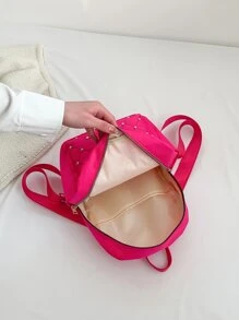 Medium Fashion Backpack Neon Pink Metal & Studded Decor School Bag Bookbag For School Outdoors Portable,Lightweight - Hot Pink - View 7