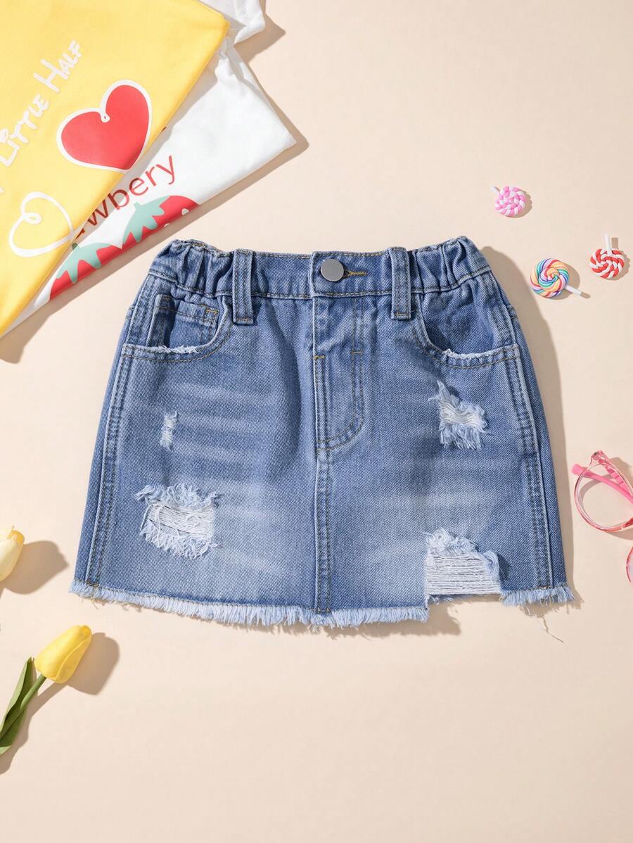 小女童破洞毛邊牛仔半身裙 - 中等水洗藍 - 查看 1