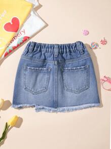 小女童破洞毛邊牛仔半身裙 - 中等水洗藍 - 查看 2