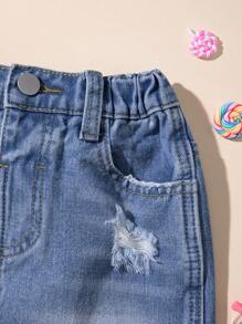 小女童破洞毛邊牛仔半身裙 - 中等水洗藍 - 查看 3