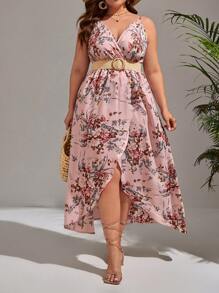 SHEIN VCAY Plus Floral Print Wrap Hem Cami Dress Without Belt - Pink - View 1