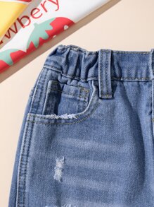 小女童破洞毛邊牛仔半身裙 - 中等水洗藍 - 查看 5