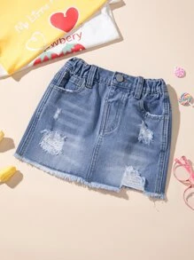 小女童破洞毛邊牛仔半身裙 - 中等水洗藍 - 查看 6