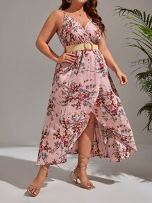 SHEIN VCAY Plus Floral Print Wrap Hem Cami Dress Without Belt - Pink - View 4