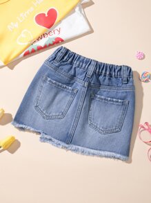 小女童破洞毛邊牛仔半身裙 - 中等水洗藍 - 查看 7