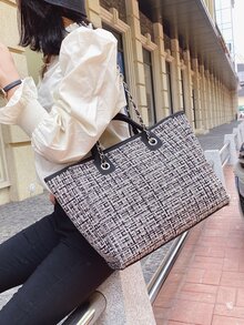 Chuỗi túi có tay cầm trên cùng họa tiết kẻ sọc - màu đen - Xem 5