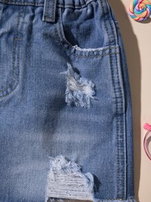 小女童破洞毛邊牛仔半身裙 - 中等水洗藍 - 查看 8