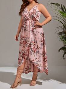 SHEIN VCAY Plus Floral Print Wrap Hem Cami Dress Without Belt - Pink - View 6