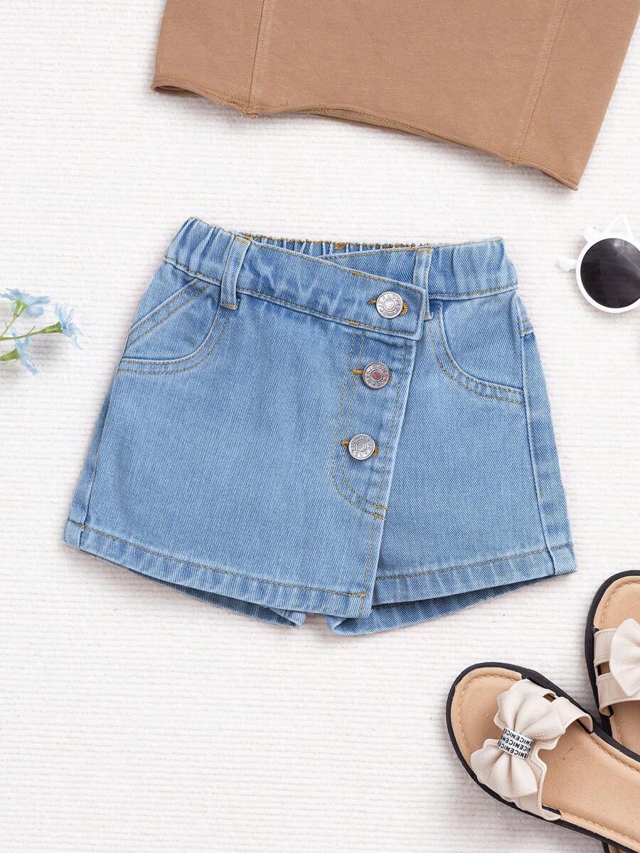 Baby Girl Y2K Street Button Front Two In One Denim Skort With Flat Pockets - Light Wash - View 1
